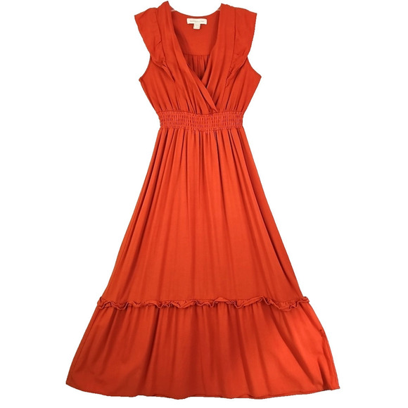 Monteau Los Angeles ~Woman Size M~ Orange Linen Blend V Neck Ruffle Maxi Dress. - Picture 1 of 15